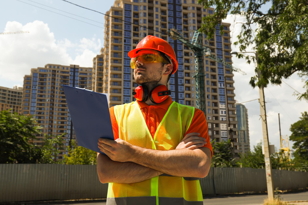 Técnico con tableta realizando una inspección frente a edificios residenciales
