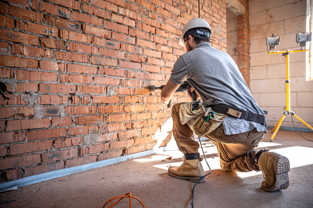 Albañil trabajando sobre un muro de ladrillo en la rehabilitación de un edificio residencial