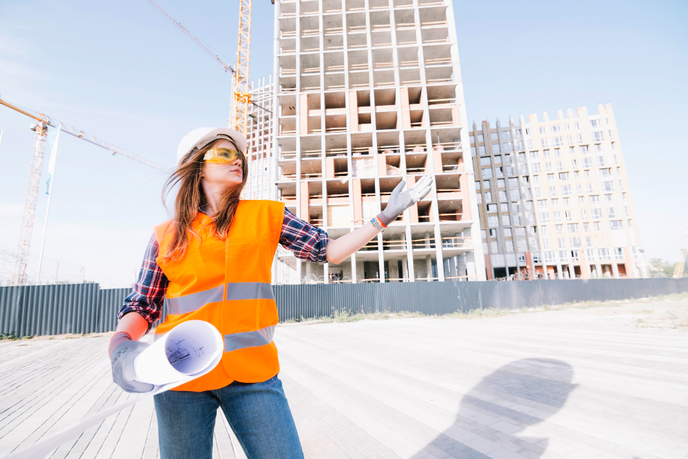 Técnica de obra con chaleco y planos frente a un edificio residencial en construcción