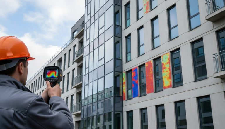 Auditor energético inspeccionando la fachada de un edificio con una cámara termográfica
