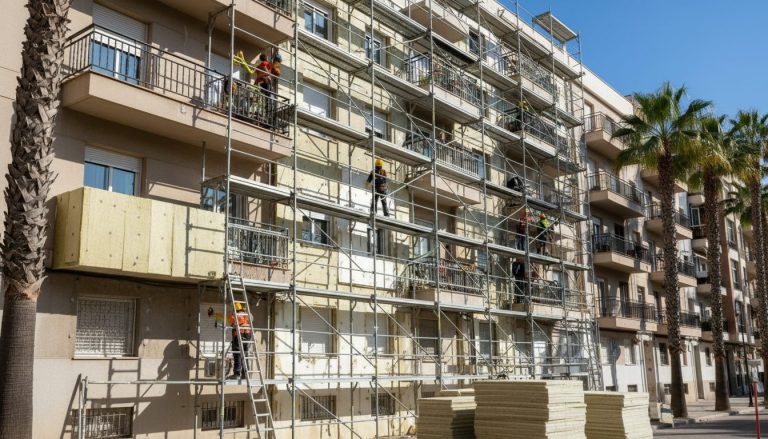 Operarios instalando paneles de aislamiento térmico en la fachada de un edificio residencial