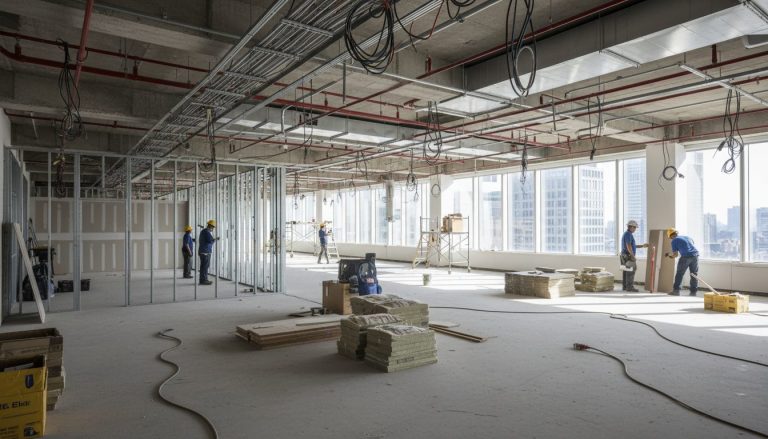 Planta diáfana de oficinas en obras de reconversión a viviendas con nuevos tabiques