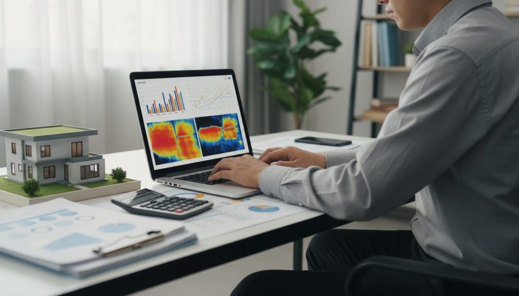 Técnico analizando datos energéticos e imágenes termográficas de un edificio en el portátil