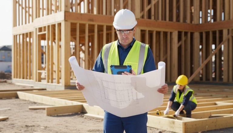 Arquitecto con casco revisando planos y tableta en una obra de edificación residencial