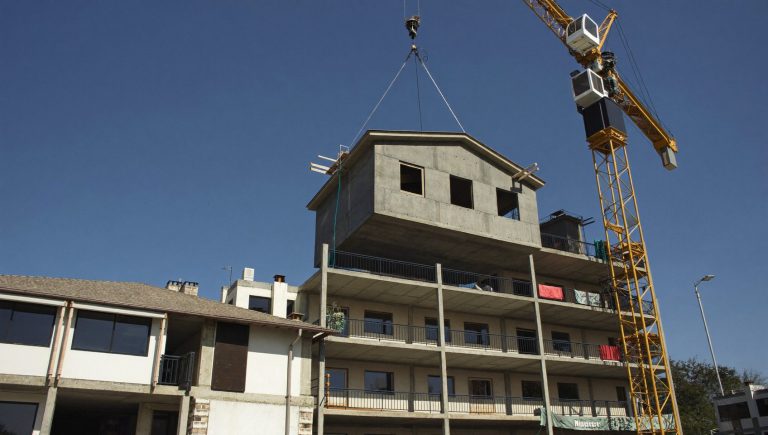 Grúa colocando un módulo prefabricado de hormigón en un edificio residencial en construcción