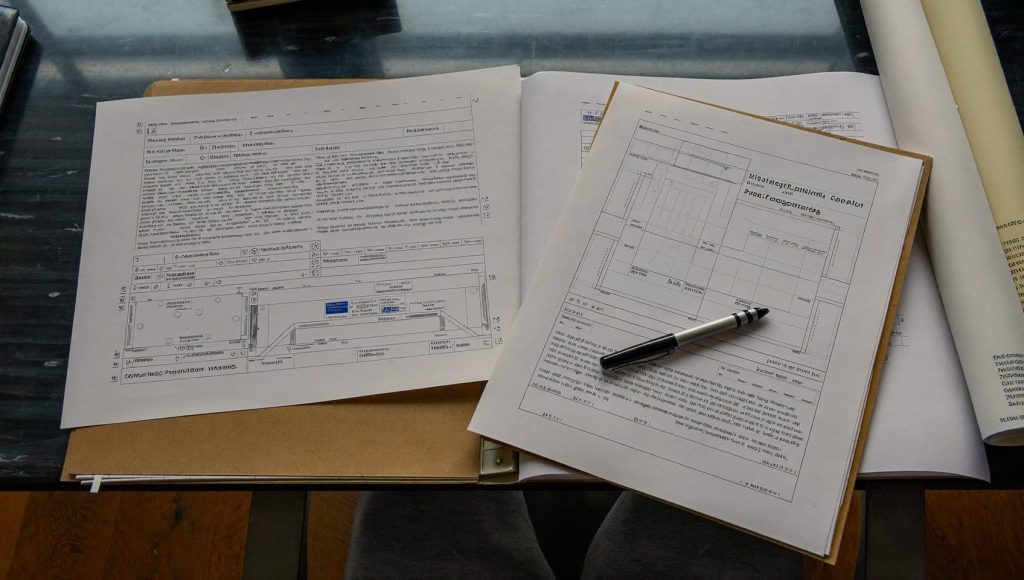 Mesa de oficina municipal con planos, expediente y documentación para tramitar una obra