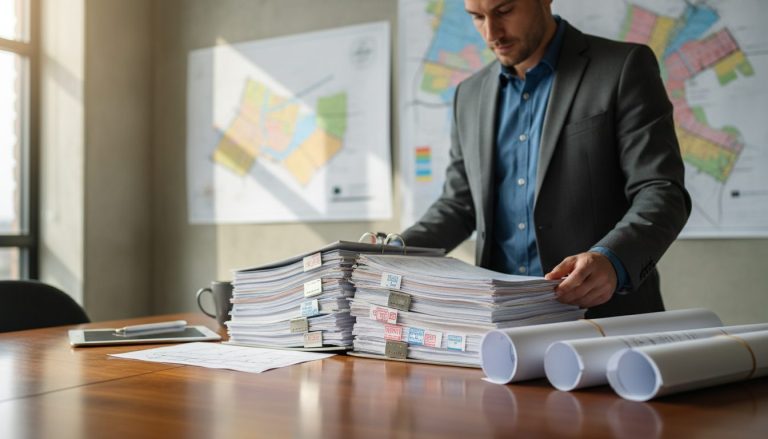 Profesional revisando un expediente de licencia urbanística con planos sellados