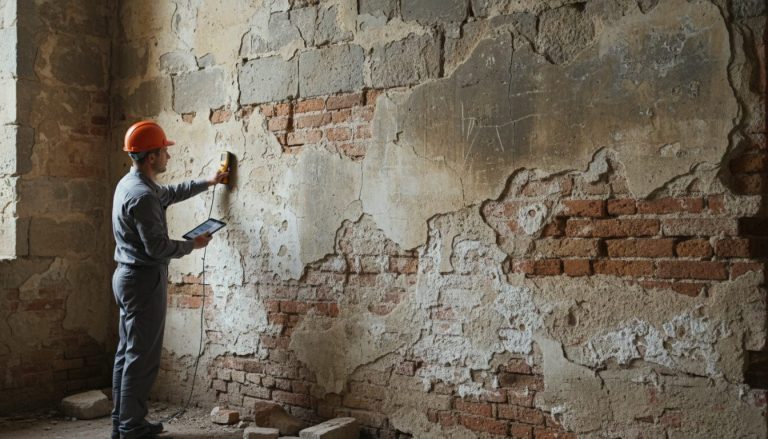 Técnico midiendo la humedad en un muro histórico con manchas y eflorescencias