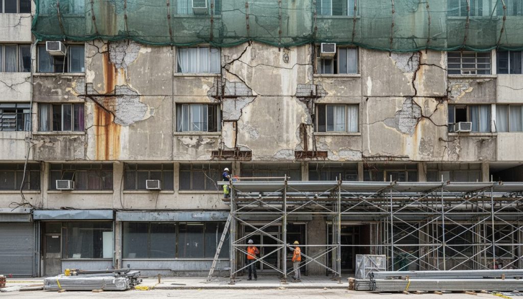 Fachada deteriorada de un edificio antiguo con grietas y malla de protección