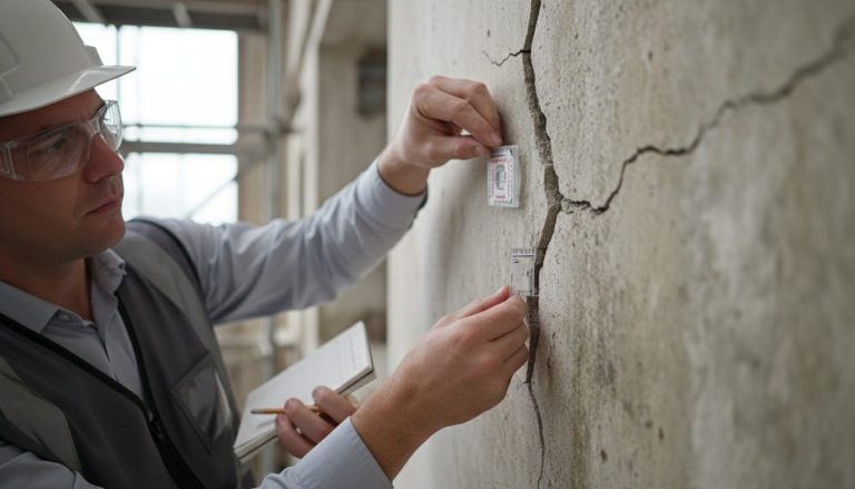 Perito midiendo una grieta estructural en una pared con un fisurómetro