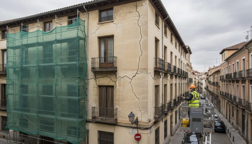 Inspector en plataforma elevadora examinando las grietas de la fachada de un edificio