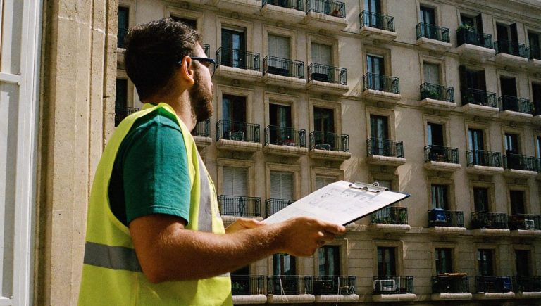 Técnico de edificación con casco y carpeta examinando la fachada de un edificio residencial clásico en Madrid