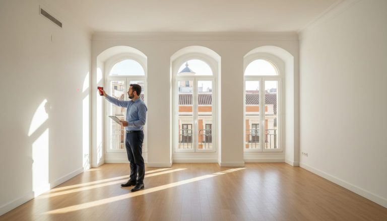 Tasador midiendo una vivienda vacía con un medidor láser