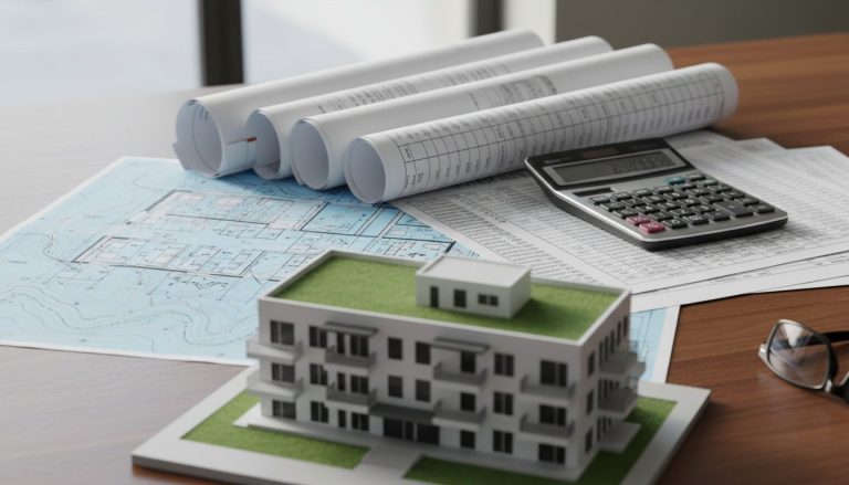 Mesa de trabajo con planos, hojas de cálculo y maqueta para un estudio de viabilidad inmobiliaria