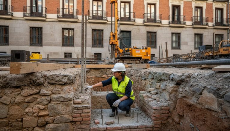 Ingeniero inspeccionando el recalce de la cimentación de un edificio histórico protegido en Madrid